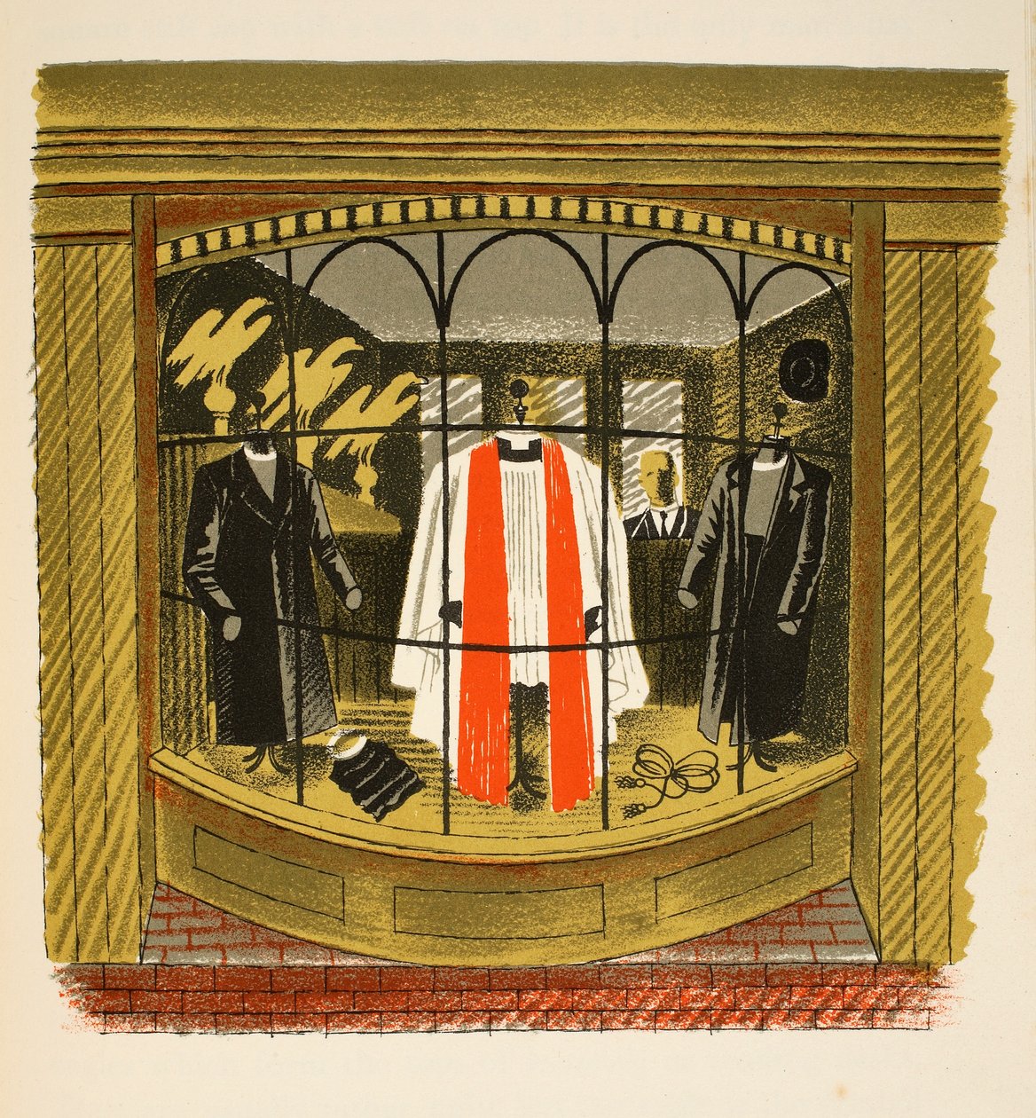 Clerical Outfitter, illustration från "High Street" av J.M. Richards, tryckt av Curwen Press, pub. av Country Life, 1938 av Eric Ravilious