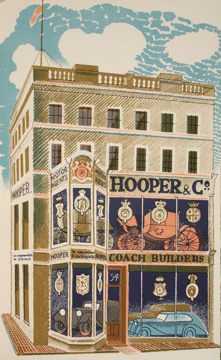 Kuskbyggare, illustration från "High Street" av J.M. Richards, tryckt av Curwen Press, publicerad av Country Life, 1938. av Eric Ravilious