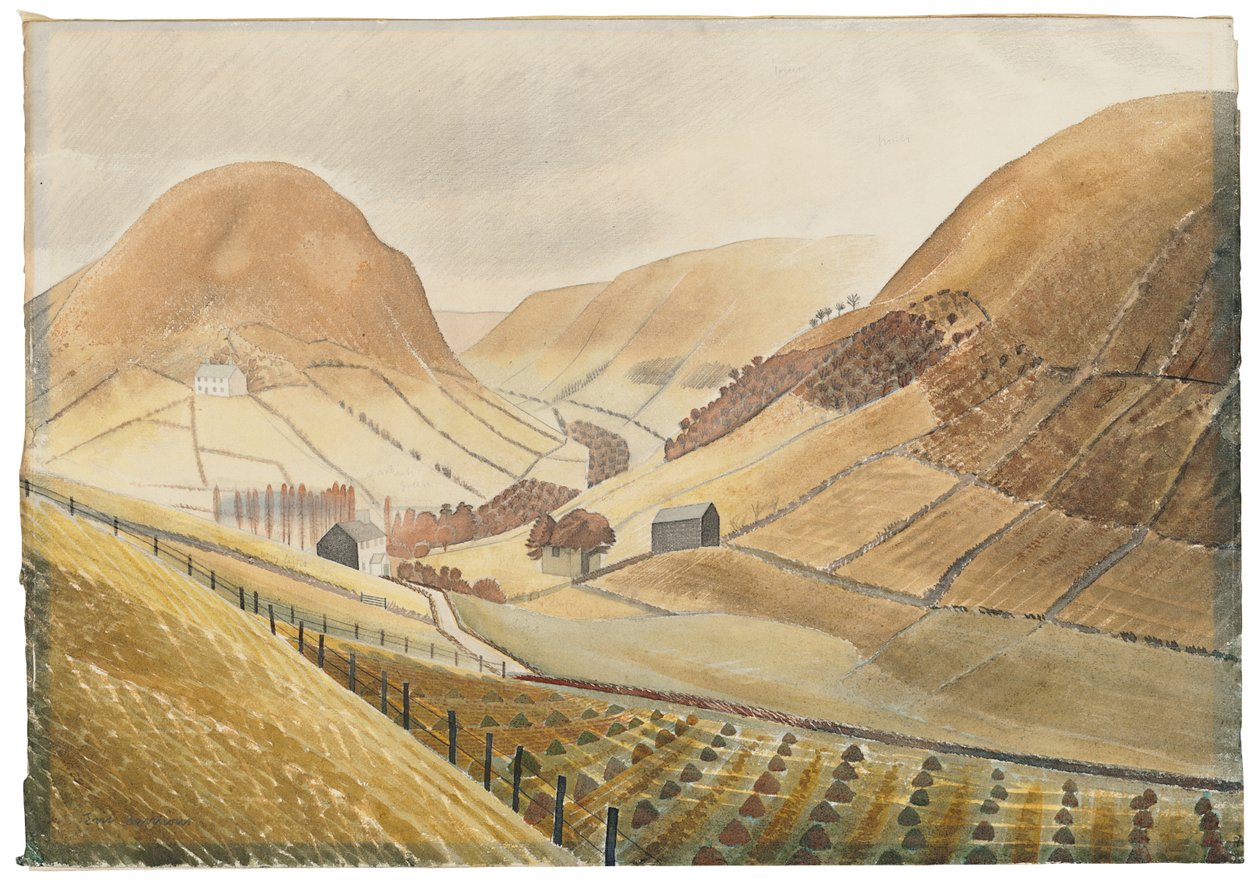 Corn Stooks and Farmsteads - Hill Farm, Capel-y ffin, Wales, 1938 av Eric Ravilious