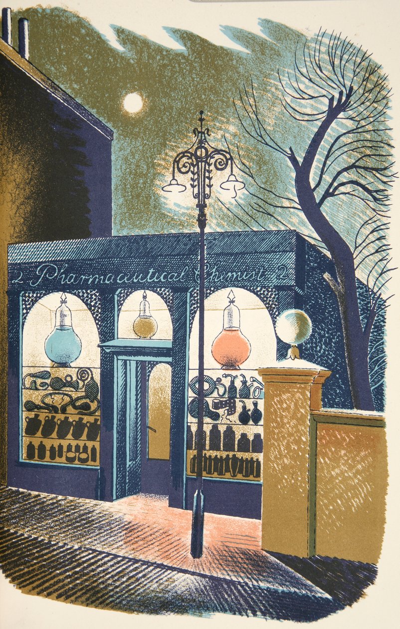 Apotek, illustration från "High Street" av J.M. Richards, tryckt av Curwen Press, publicerad av Country Life, 1938. av Eric Ravilious