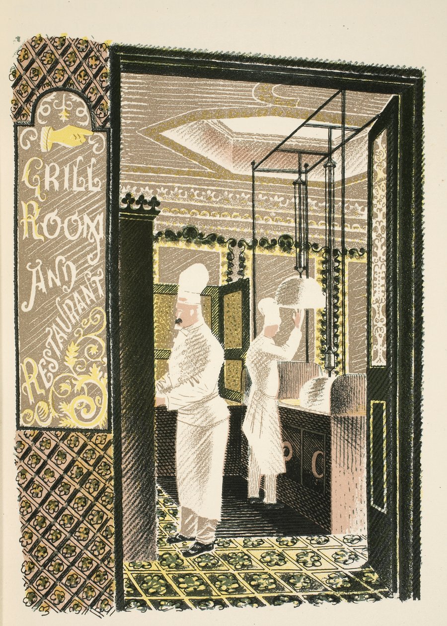 Restaurang och grillrum, illustration från "High Street" av J.M. Richards, tryckt av Curwen Press, publicerad av Country Life, 1938. av Eric Ravilious
