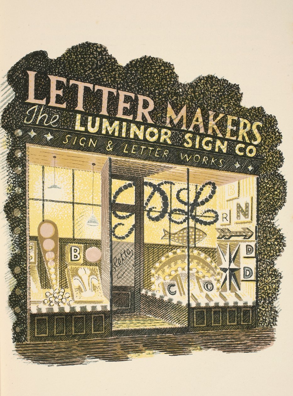Sign Maker, illustration från "High Street" av J.M. Richards, tryckt av Curwen Press, publicerad av Country Life, 1938. av Eric Ravilious