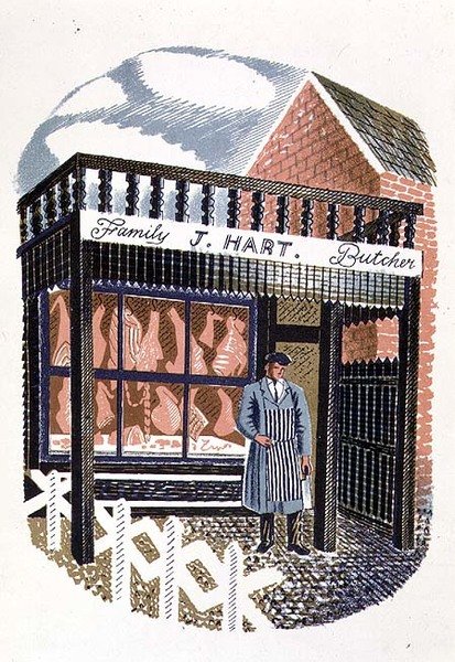 The Butchers Shop, tryckt av Curwen Press, från High Street, av J.M. Richards, utgiven av Country Life, 1938 (24 st) av Eric Ravilious