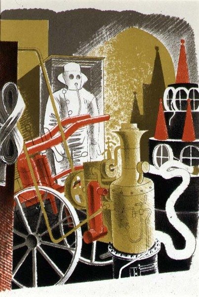 The Fire Engineer, tryckt av Curwen Press, från "High Street", av J. M. Richards, utgiven av "Country Life" av Eric Ravilious