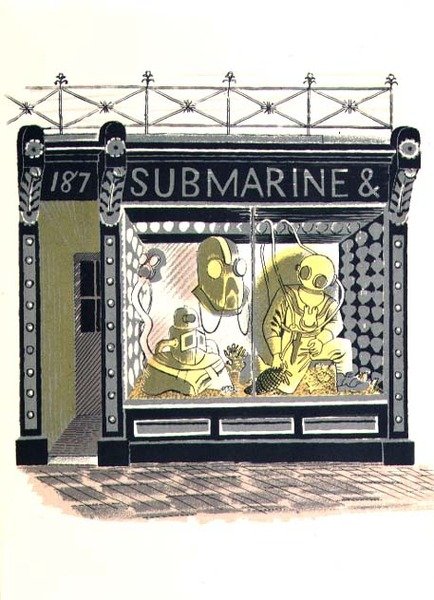 The Marine Suppliers, tryckt av Curwen Press, från High Street, av J.M. Richards, utgiven av Country Life, 1938 (24 st) av Eric Ravilious