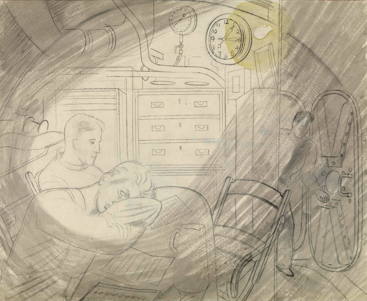 Hytten (eller torget) för de högre officerarna på en ubåt (ubåt). Pennserie av Eric Ravilious (1903-1942), ombord på en ubåt under andra världskriget (1939-1945) av Eric Ravilious