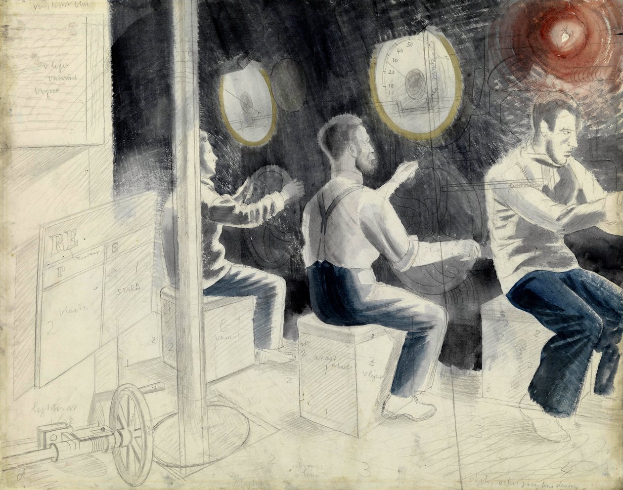 Kontrollrummet för dykning under ubåtens nedsänkning. Pennserie av Eric Ravilious (1903-1942), ombord på en ubåt under andra världskriget (1939-1945) av Eric Ravilious
