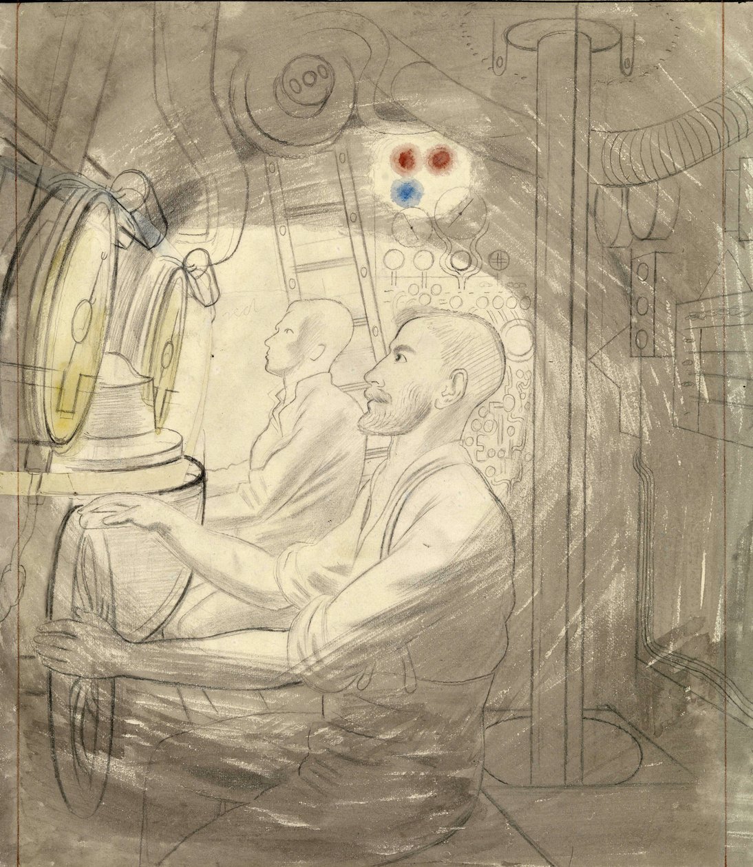 Dykkontrollrummet på en ubåt. Pennserie av Eric Ravilious (1903-1942), ombord på en ubåt under andra världskriget (1939-1945) av Eric Ravilious