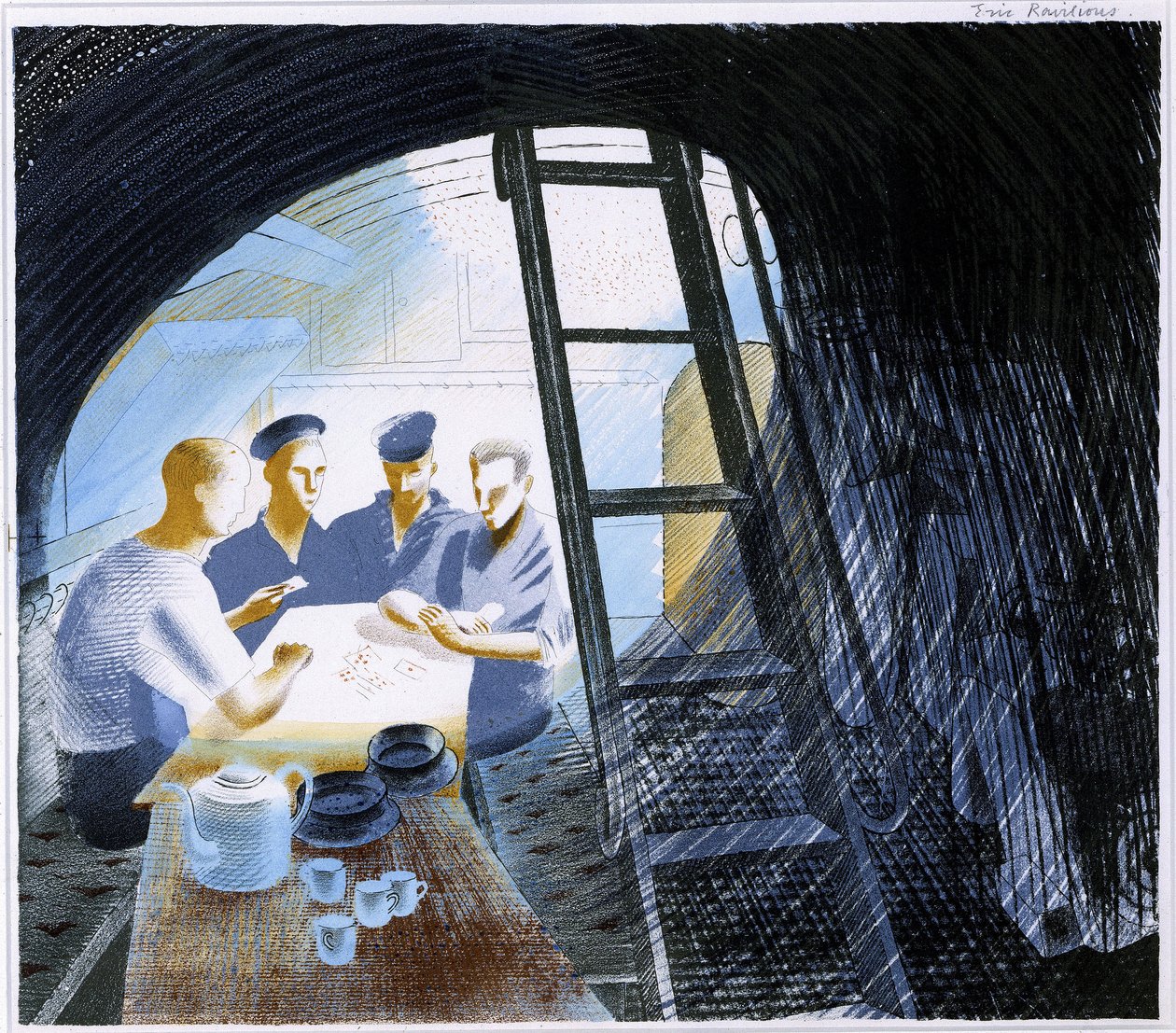 Vy över officersmässen i en nedsänkt ubåt, med köksredskap och fyra sjömän som spelar kort av Eric Ravilious