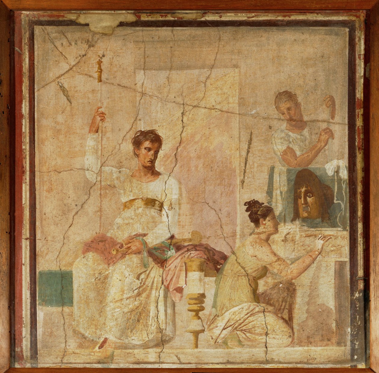 Skådespelare som tillägnar en mask till gudarna Väggmålning, kopia av ett grekiskt original från 4 f.Kr. från Herculanum, Italien av Erich Lessing