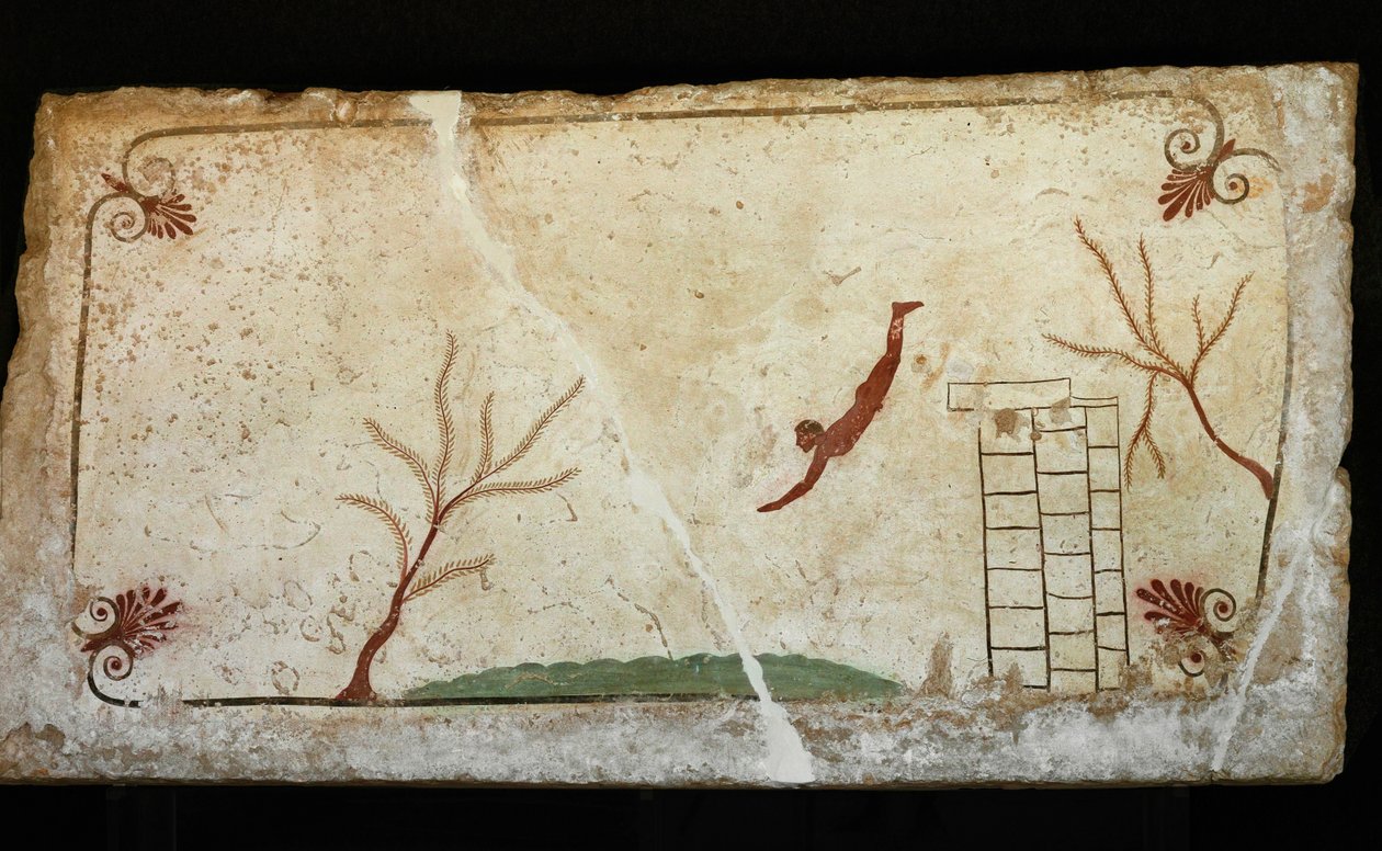 Dykare som hoppar från ett torn ner i havet, en allegori av Erich Lessing