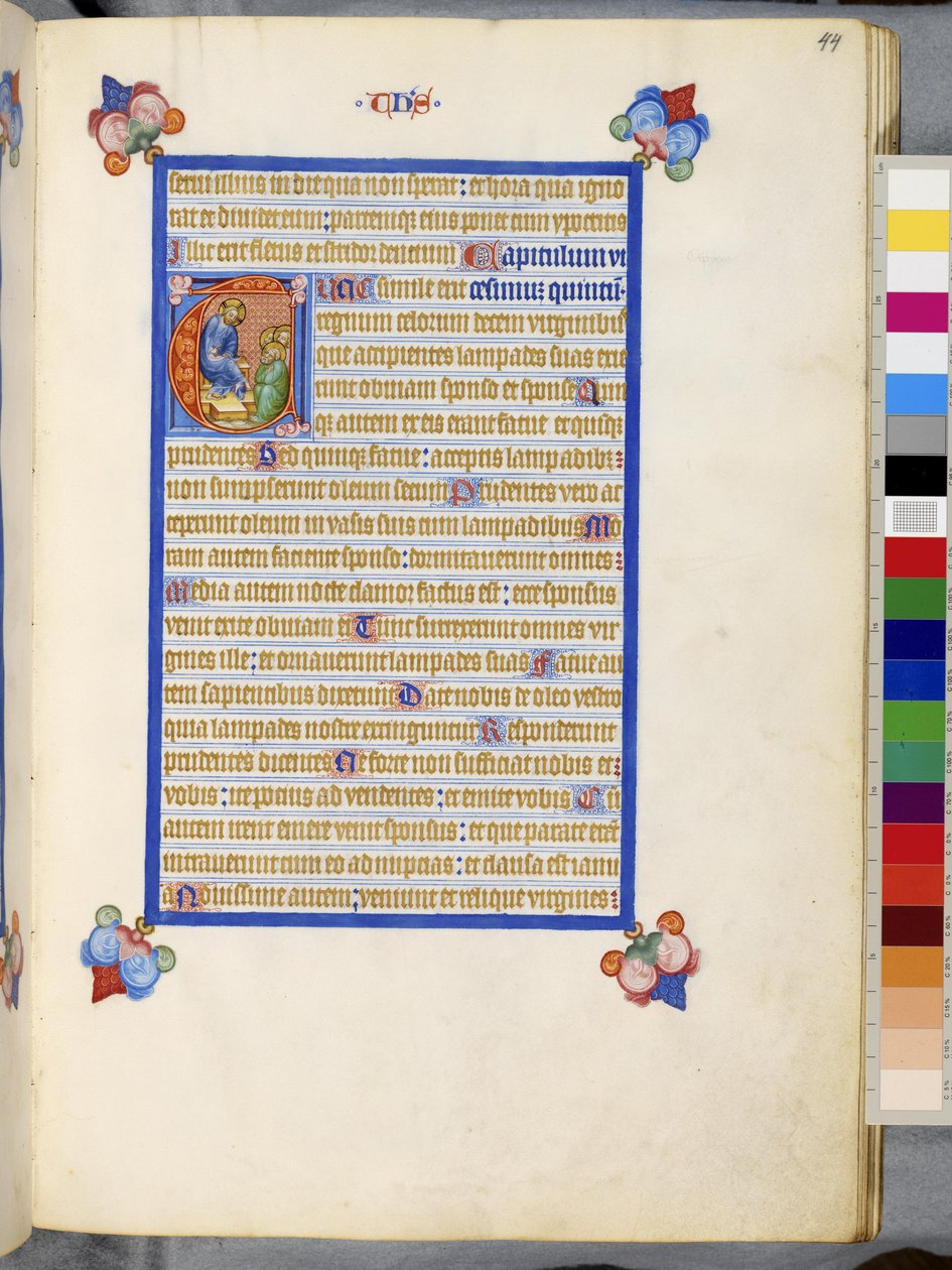 Hel sida: inramad text med historiserat initialt "T": Liknelse om de kloka och de dumma jungfrurna av Erich Lessing