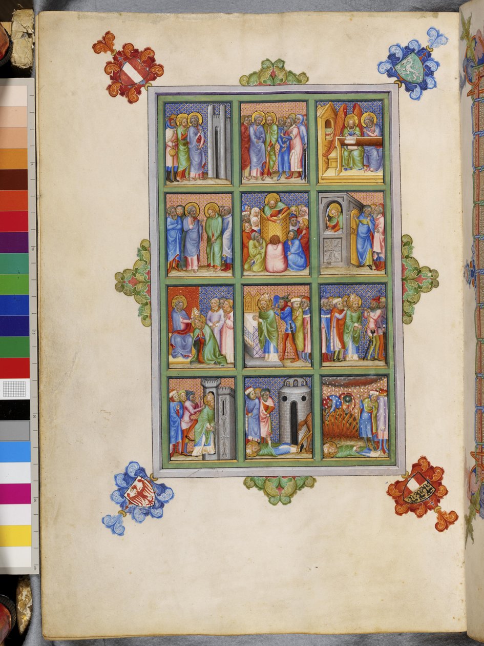 Hel sida: Tolv scener ur evangelisten Markus liv i en inramad panel: Petrus och Markus kommer till Rom av Erich Lessing