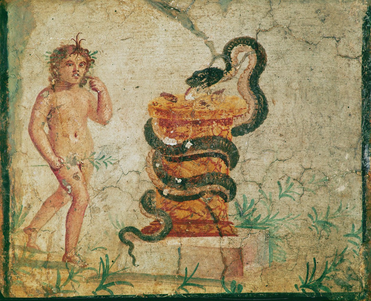 Harpokrates stående vid ett altare, omringad av en orm av Erich Lessing