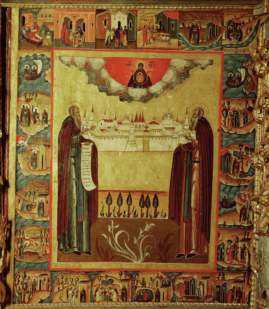 Sankt Sosima och Sankt Sawati håller i en modell av Solowskijklostret (ikon) av Erich Lessing