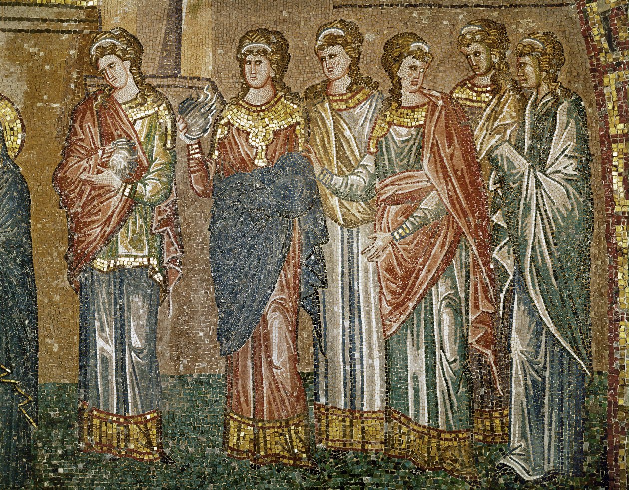 Unga jungfrur väntar på att få ull för att väva gardinen till templet (mosaik) av Erich Lessing