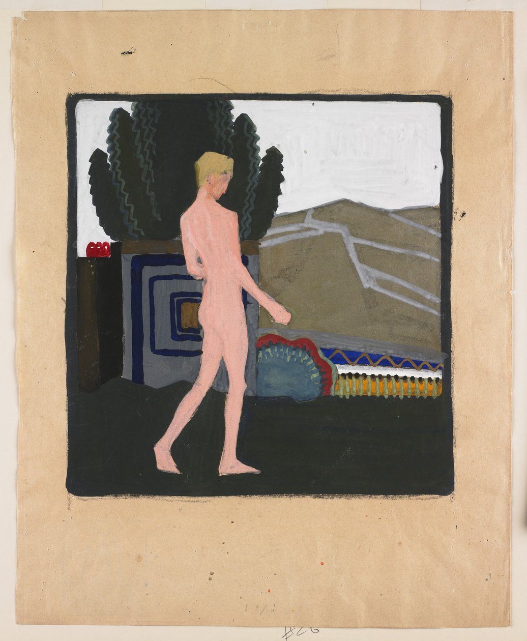 Stående manlig nakenbild i ett landskap, ca 1914 (gouache på papper) av Erich Mallina