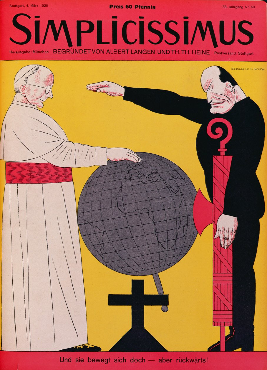 Påven Pius XI (1857-1939) och Mussolini (1883-1945) vid tiden för Lateranfördraget 1929, omslagsillustration av tidskriften Simplicissimus, 4 mars 1929 (lito i färg) av Erich Schilling