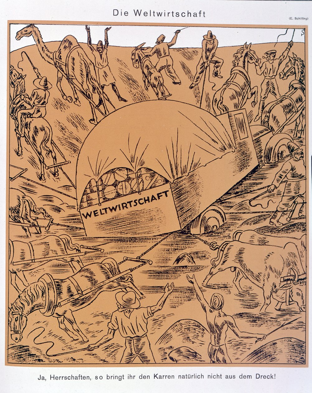 Satir på temat Global Economy, Simplicissimus, ca. 1930 (litografi) av Erich Schilling