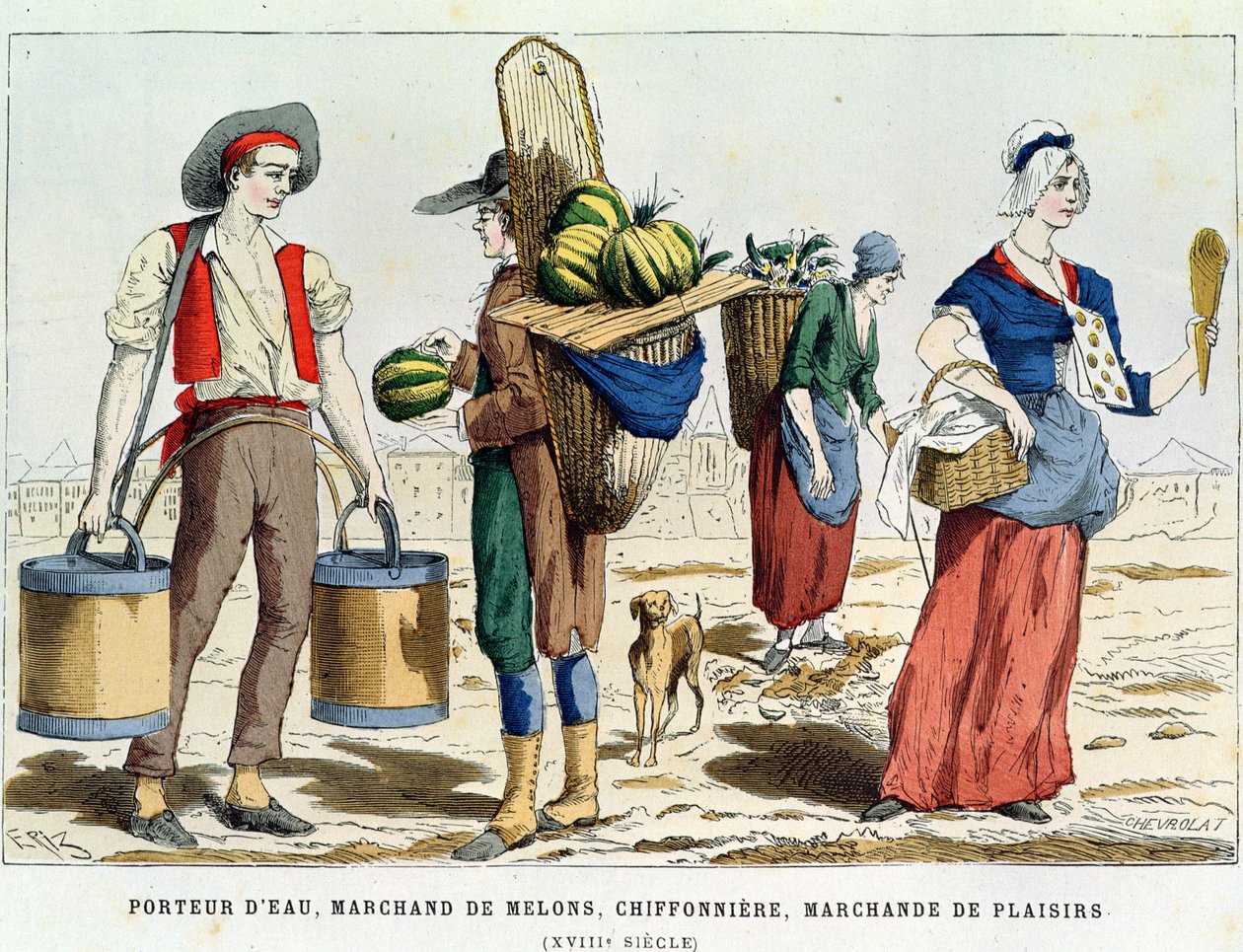 Vattenbärare, melonförsäljare, slampa och konfektyrförsäljare på 1700-talet, från Costumes de Paris a Travers les Siecles ed. Roy, publicerad 1887 (färggravyr) av Eriz