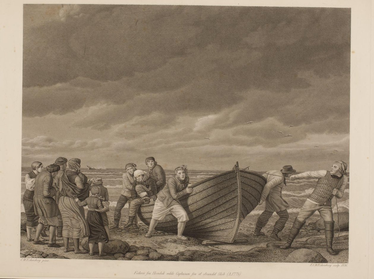 Fiskare från Hornbek räddar kaptenen från ett strandat fartyg (A.1775) av Erling Eckersberg