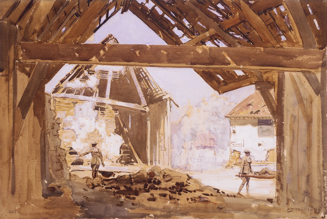 Gasalarm, 1919 (wc und gouache med penna på papper) av Arthur Streeton
