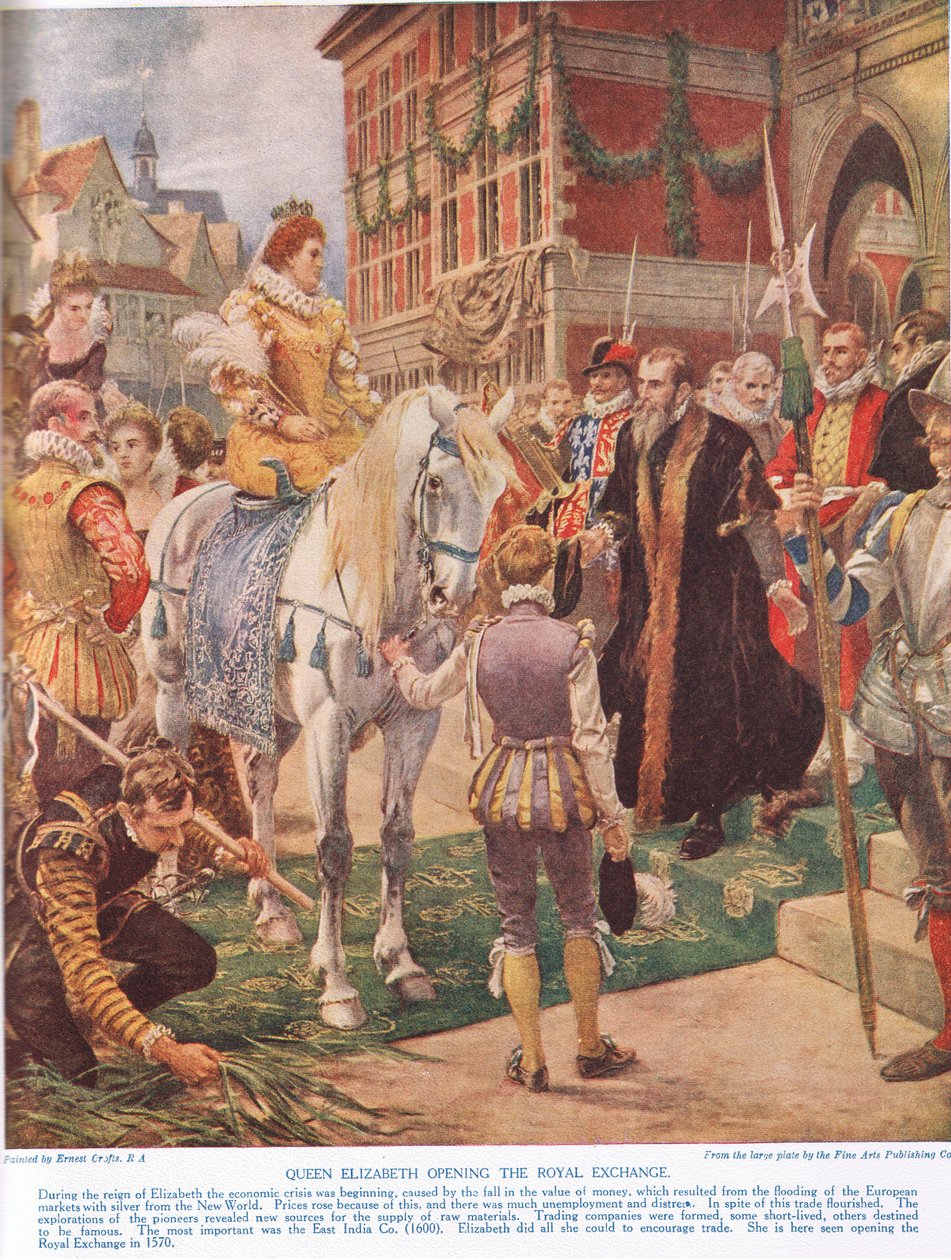 Drottning Elizabeth I invigde Royal Exchange 1570, illustration från Hutchinsons "Story of the British Nation". av Ernest Crofts