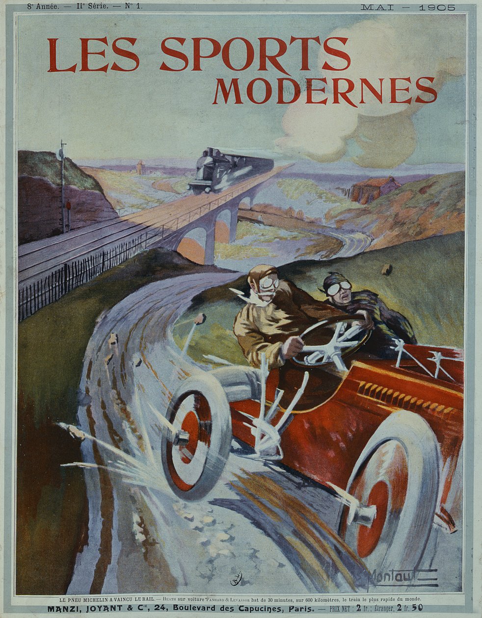 "Michelin-däck är snabbare än järnväg!", framsida av tidningen "Les Sports Modernes", maj 1905. av Ernest Montaut