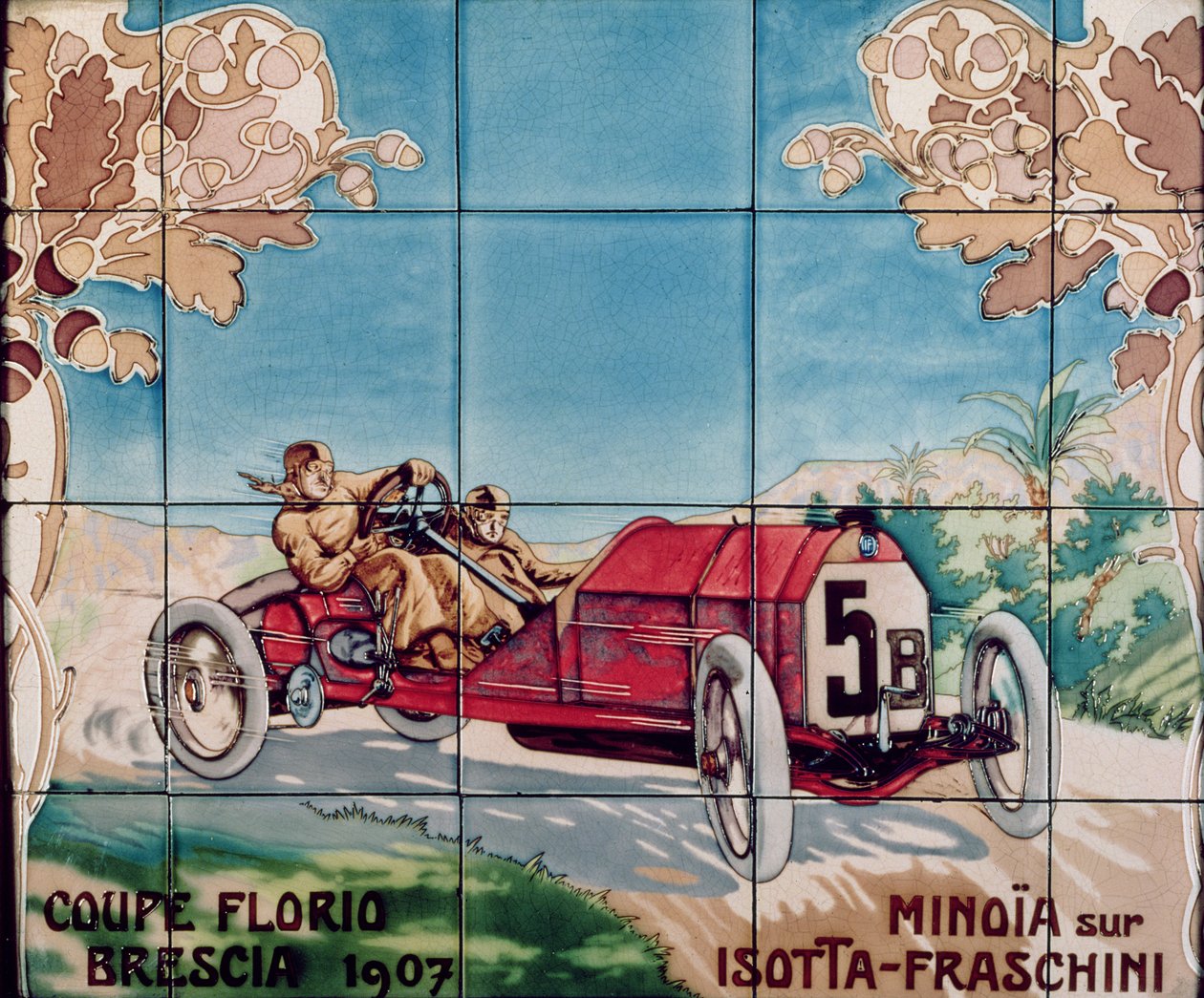Minoia kör en Isotta Fraschini-bil i Florio Brescia Cup 1907: keramiska plattor tillverkade av Gilardoni Fils et Cie i Paris, efter en teckning av Ernest Montaut (1877-1909), 1908-10 av Ernest Montaut