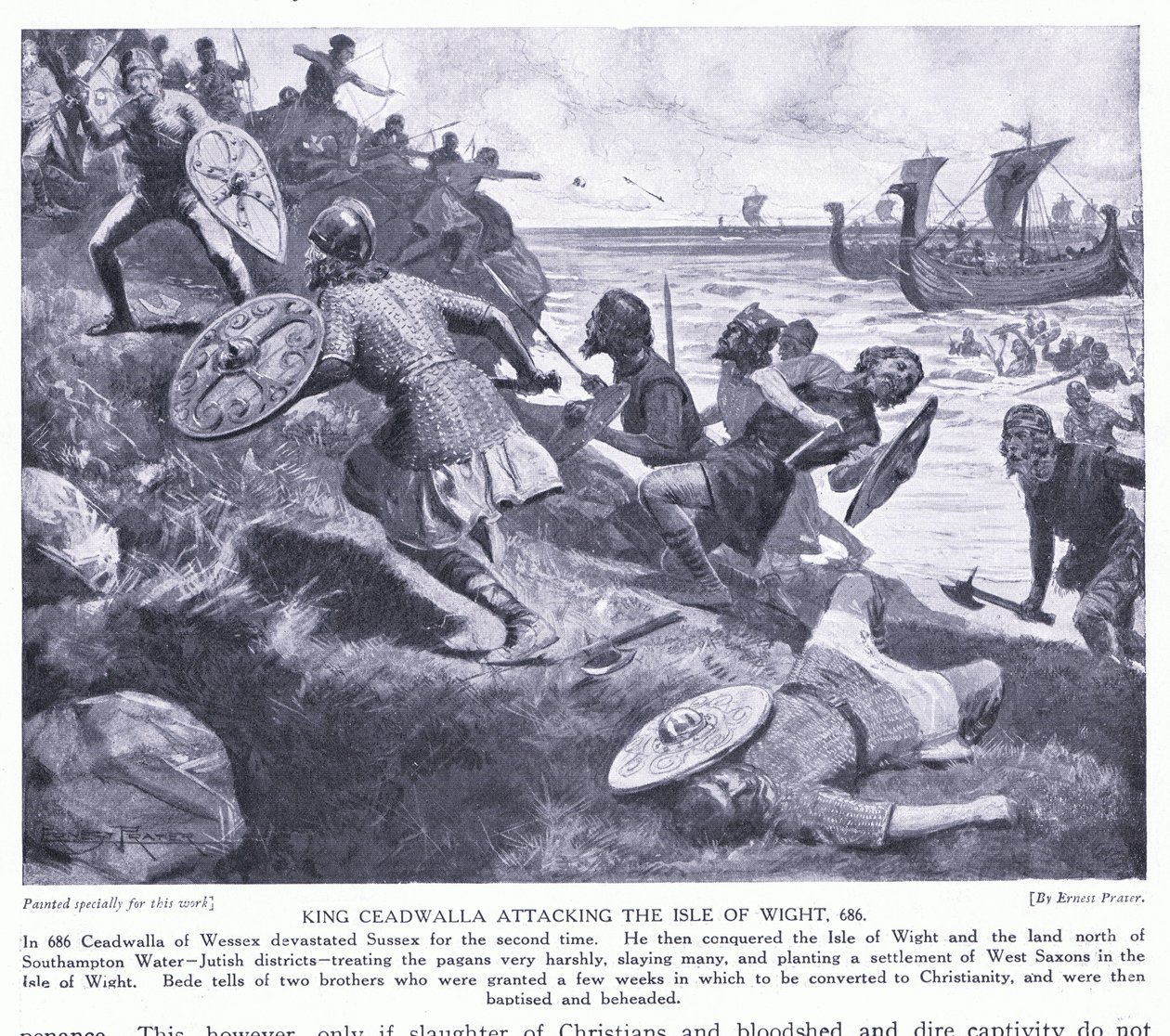 Kung Ceadwalla attackerar Isle of Wight AD686, 1920-talet av Ernest Prater