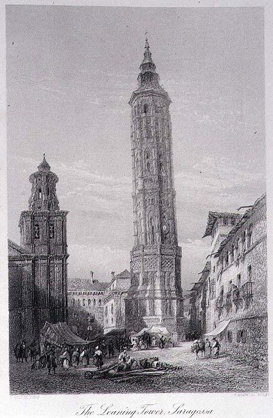 Det lutande tornet, Saragossa (gravyr) av Ernest (after) George