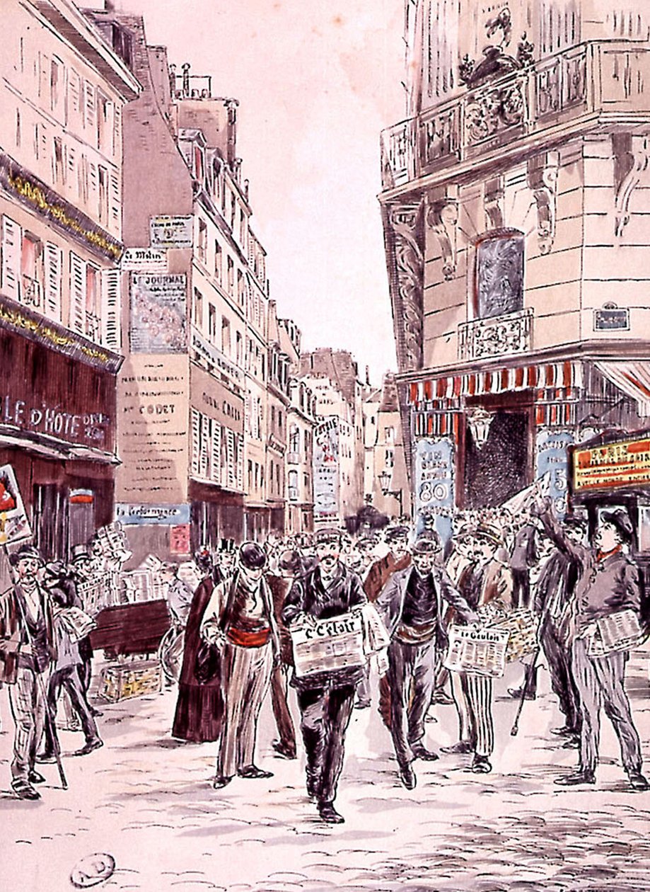 nyhetsförsäljare på gatorna i Paris 1893, gravyr av Ernest (after) Grenier