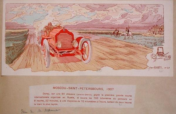 Arthur Duray i sin Lorraine-Dietrich vann rallyt Moskva-S:t Petersburg 1907, ca 1910 (färg litho) av Ernest (after) Montaut