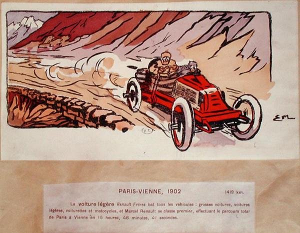Marcel Renault (1872-1903) i sin Renault Freres som tävlade i Paris-Wien-rallyt 1902, ca 1910 (färg litho) av Ernest (after) Montaut
