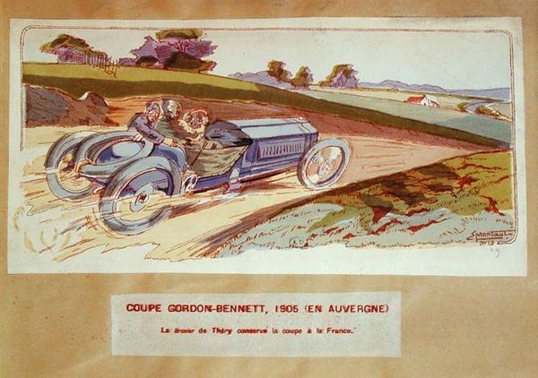 Richard-Brasier-bilen körd av Leon Thery under Gordon-Bennett-loppet i Auvergne 1905, ca 1910 (färglitografi) av Ernest (after) Montaut