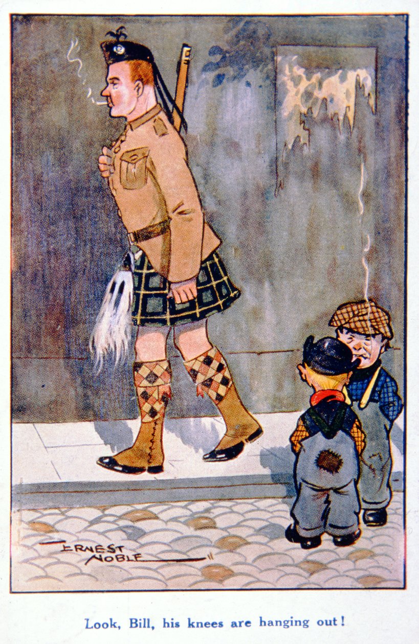 "Titta, Bill, hans knän hänger ut!", brittiskt vykort från första världskriget av Ernest (after) Noble
