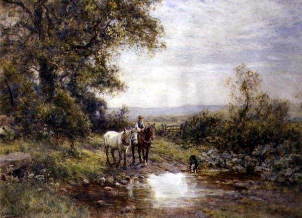 Hästar vid en bäck av Ernest Albert Waterlow