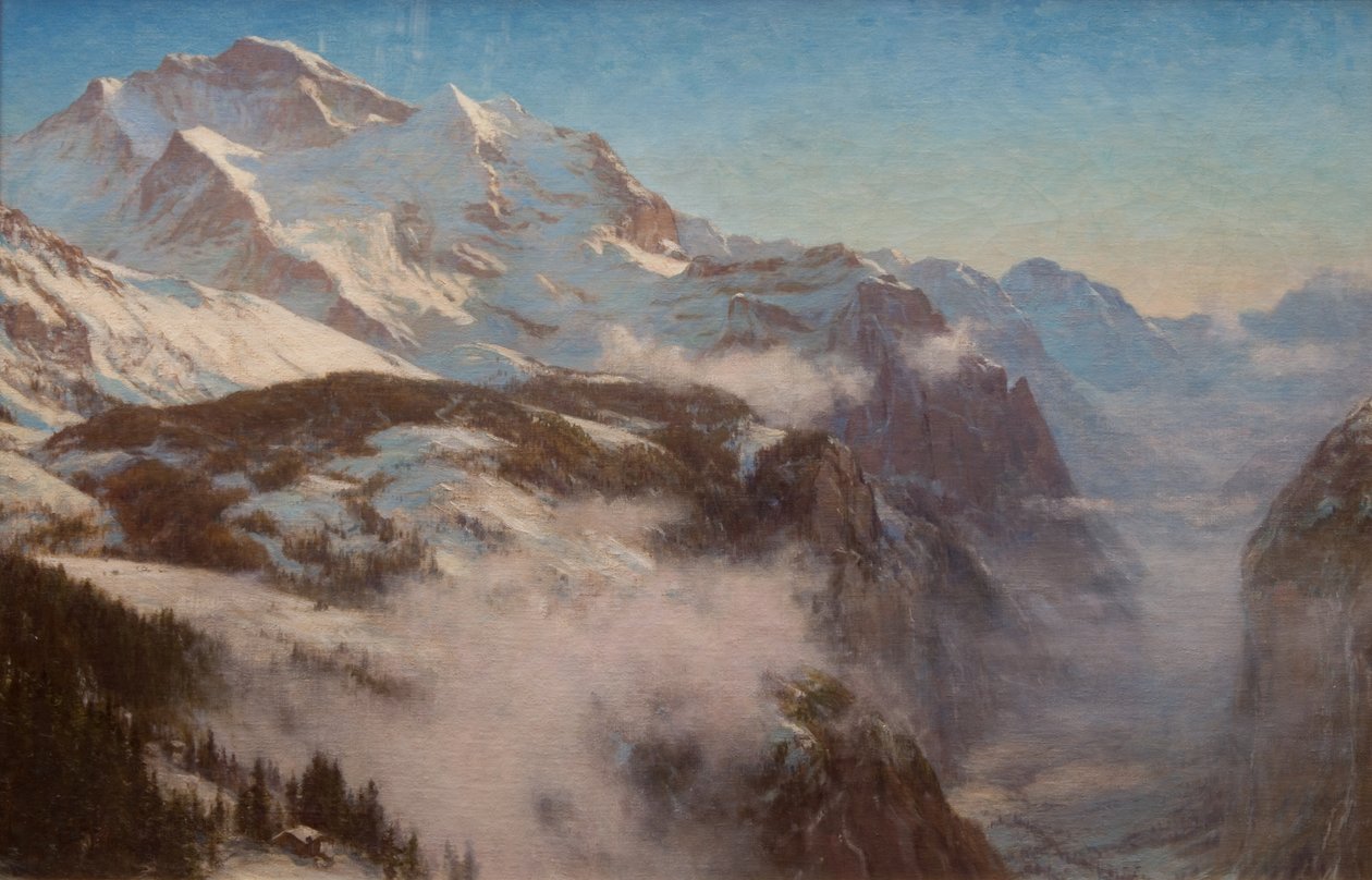Vinter i Lauterbrunnendalen, Schweiz (olja på duk) av Ernest Albert Waterlow