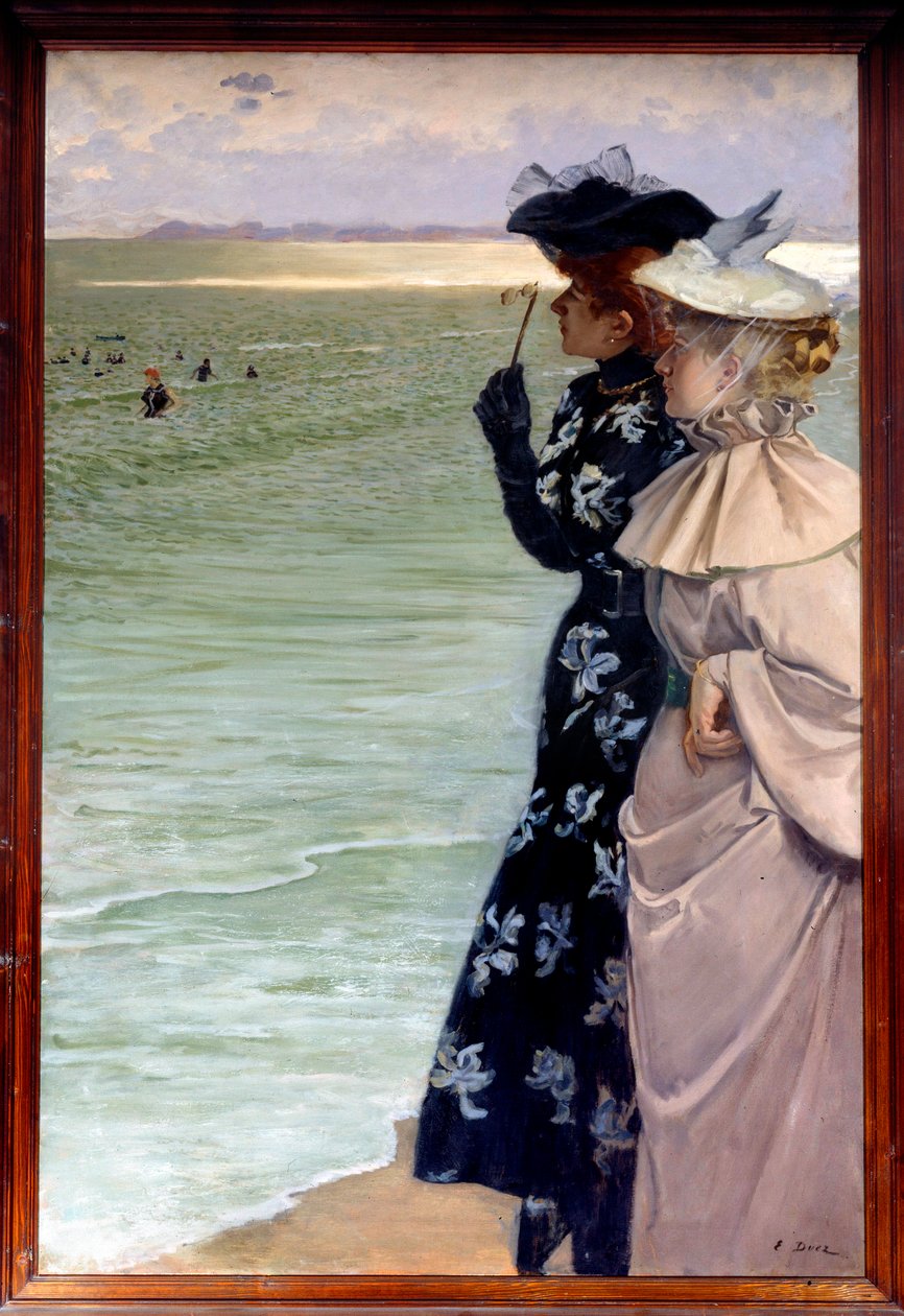 Vacker period: "" Badtid vid havet""" Två kvinnor på stranden undersöker badgästerna i kikare. Målning av Ernest Ange Duez (1843-1896) 1896 Sön. 1,06x1,6 m Rouen, musee des Beaux Arts - Belle epoque: "" Badtid vid havet"" Två kvinnor på b av Ernest Ange Duez