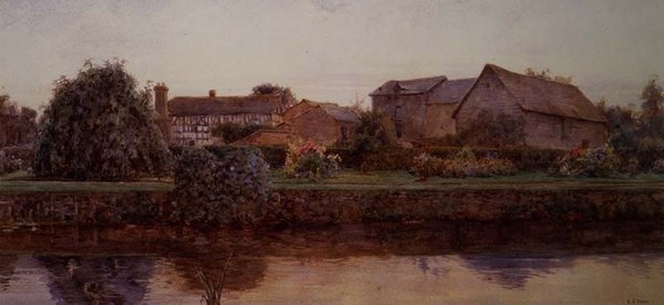Ett hus och gårdsbyggnader vid en flod av Ernest Arthur Rowe