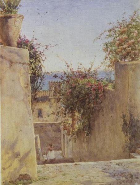 Gatubild Sicilien (akvarell) av Ernest Arthur Rowe
