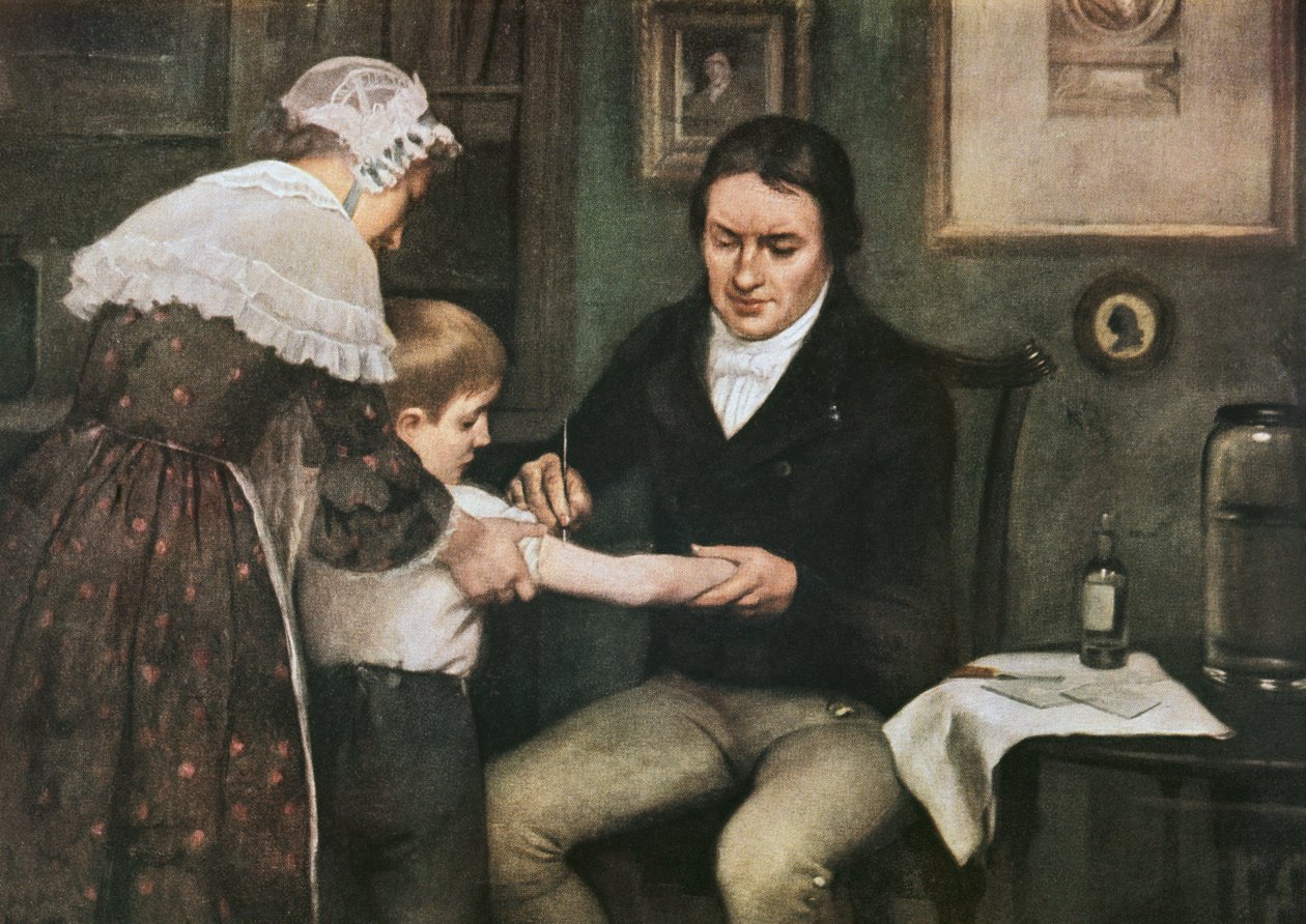 Dr Edward Jenner (1749-1823) utför sin första vaccination mot smittkoppor på James Phipps, pojke på åtta år, den 14 maj av Ernest Board