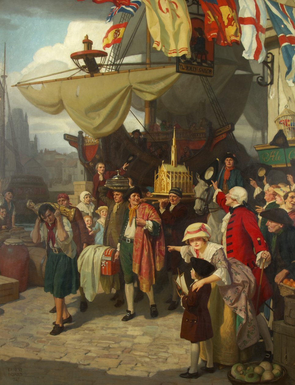 Lossningen av två tillfångatagna spanska skattskepp i Bristol i september 1745 av Ernest Board