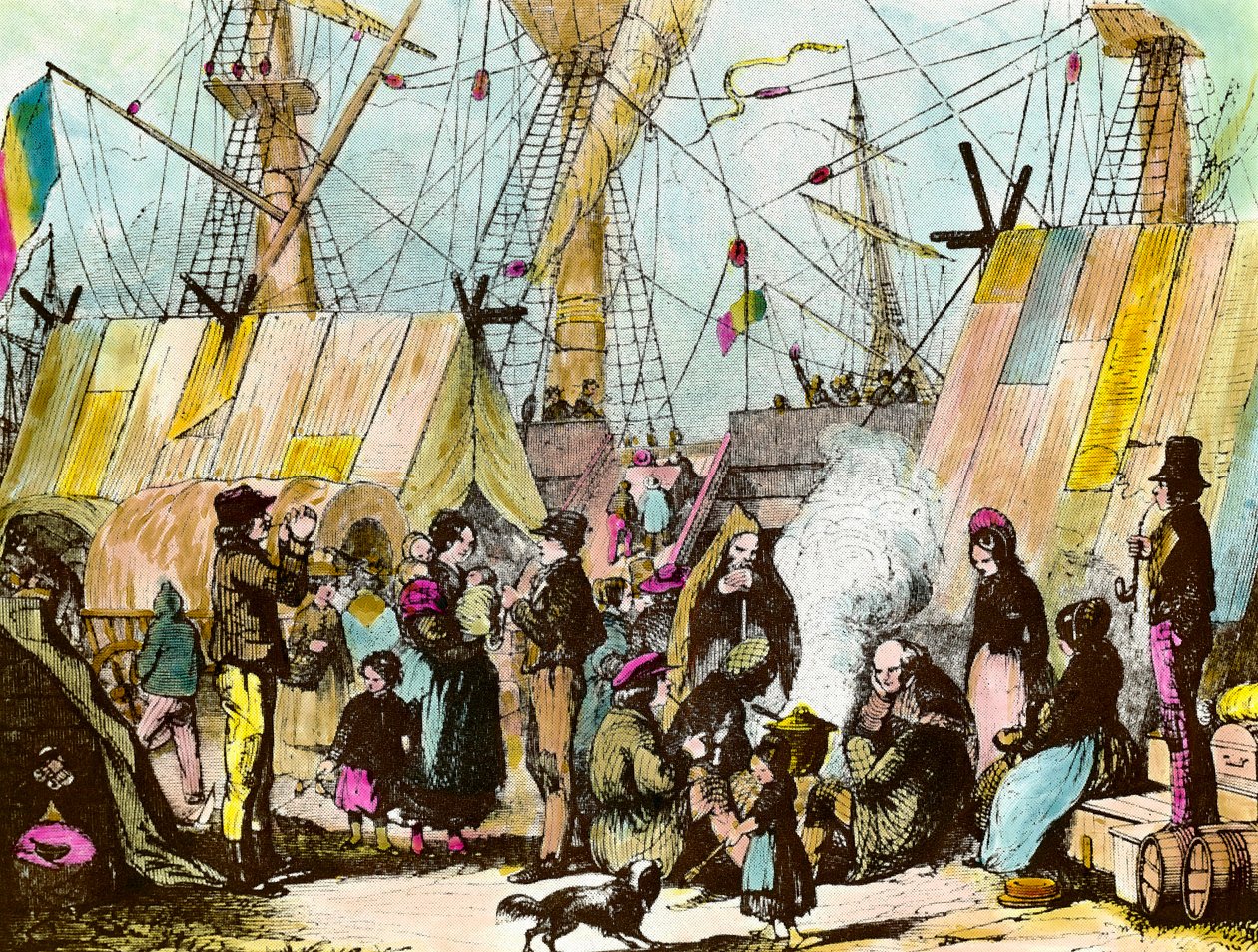 Familjer med emigranter slog läger vid hamnen i Le Havre. Gravyr av Ernest Charton (1813-1905) Gravyr av 1800-talets privatsamling av Ernest Charton