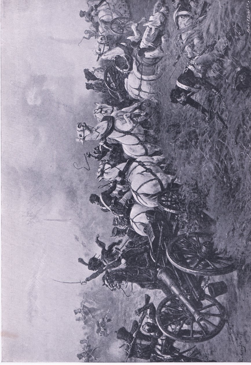 Fångst av det franska batteriet av 52:a Oxfordshire Light Infantry Regiment vid Waterloo 18 juni 1815, illustration från brittiska strider på land och till sjöss, 1915 av Ernest Crofts