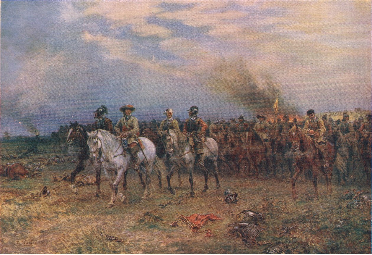 Cromwell at Marston Moor, illustration från The History of the British People, utgiven av Waverley, ca 1940 (färglitografi). av Ernest Crofts
