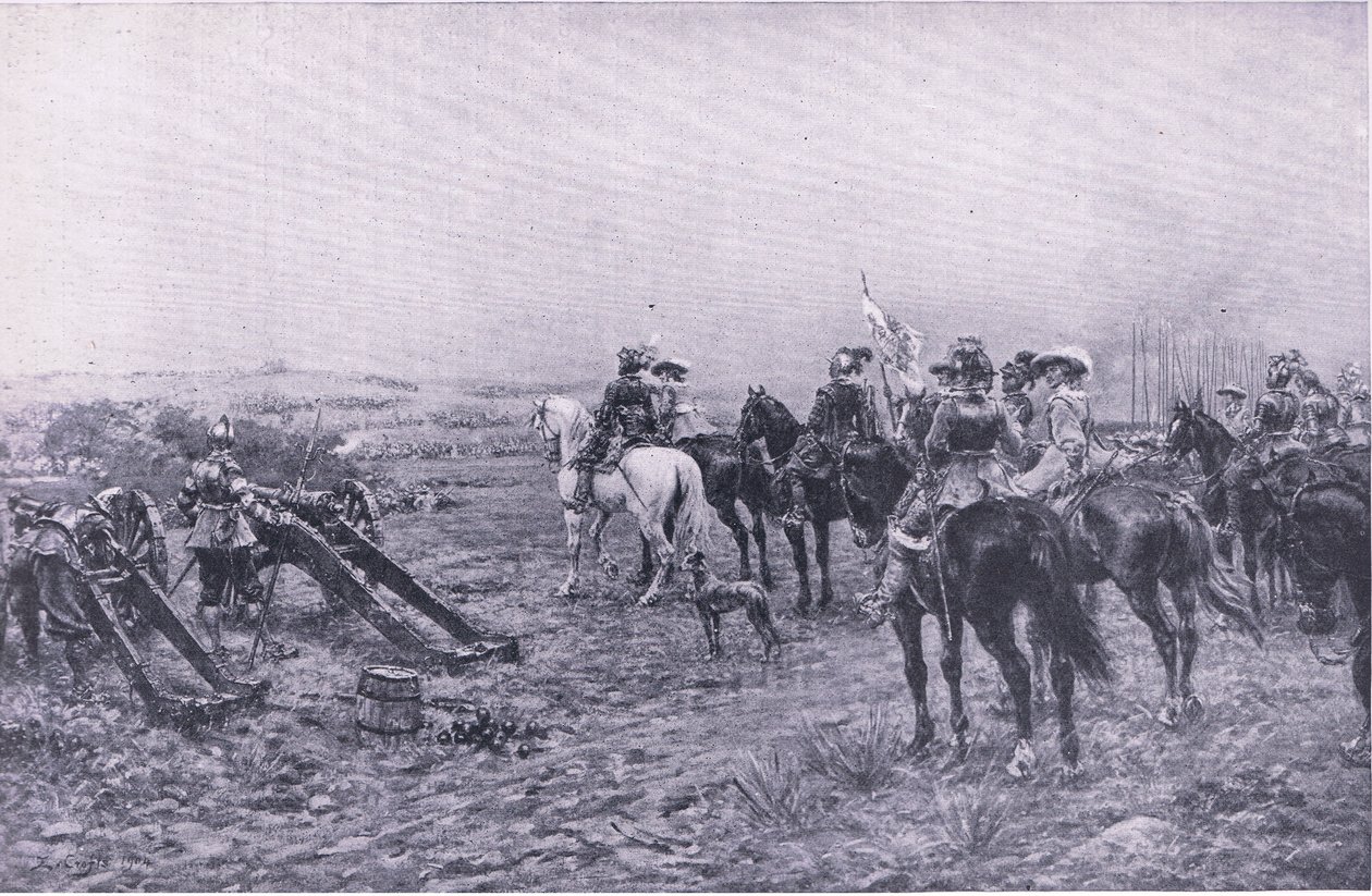 Prins Rupert vid slaget vid Marston, 2 juli 1644, illustration från brittiska striderna på land och hav, 1915 av Ernest Crofts