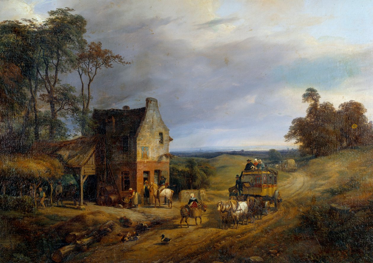 arresterades framför ett värdshus. Målning av Ernest Delahaye (1855-1921) 1800-talet. Compiegne, National Castle Museum. av Ernest Delahaye