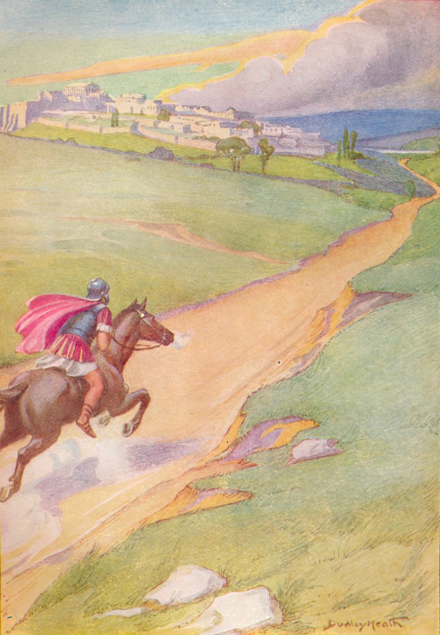 En budbärare sågs sporra sin häst mot staden, c1912 1912 av Ernest Dudley Heath