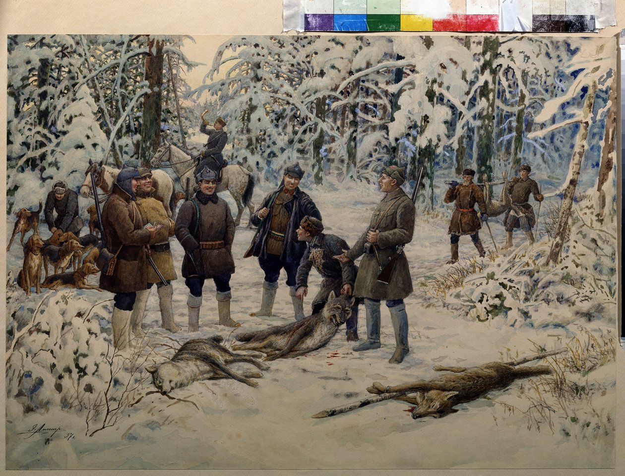Efter en framgångsrik jakt. Grupper av jägare samlar ihop vilt (vargar) på signalen av en ryttare som blåser i ett horn. Målning av Ernest Ernestovich Lissner (1874-1941), olja på duk av Ernest Ernestovich Lissner